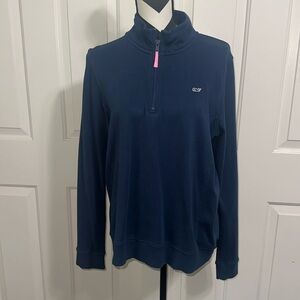 VINEYARD VINES Navy Quarter Zip Pullover Top, Pink Zip Tab, XL